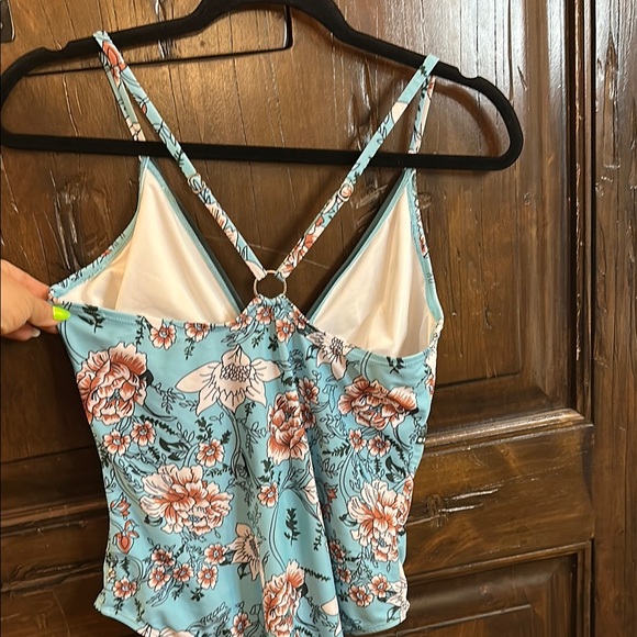 Blue and White Floral One Piece Swimsuit with Strappy Back - Picture 4 of 5